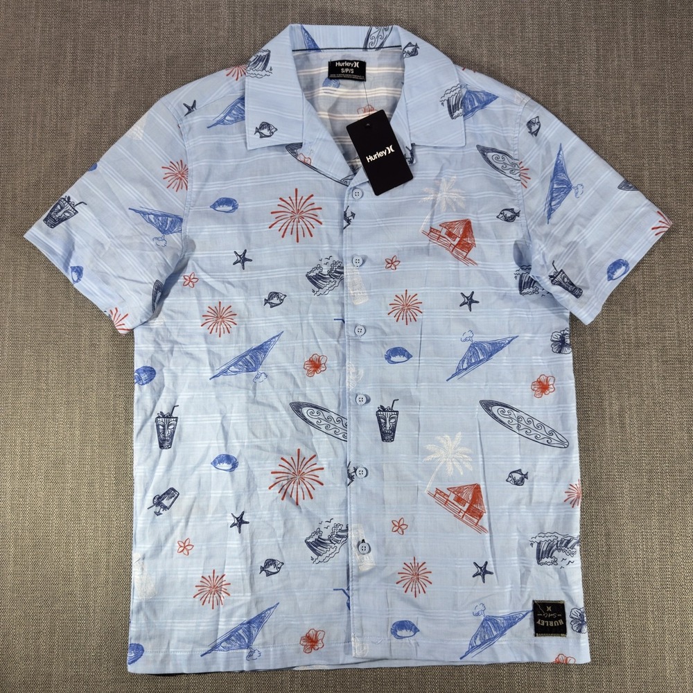 Hurley Shirt Mens Small Blue Tropical Surf Print Short Sleeve Button Up